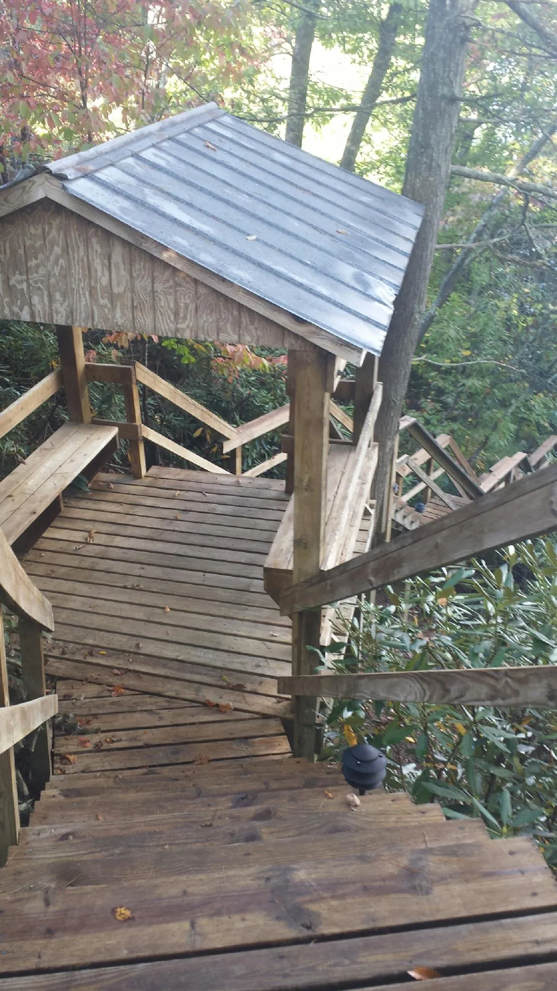 Metal roofed shelter over wooden steps on a wooded walkway — Skylight Repair & Installation work by our crew in Gordo